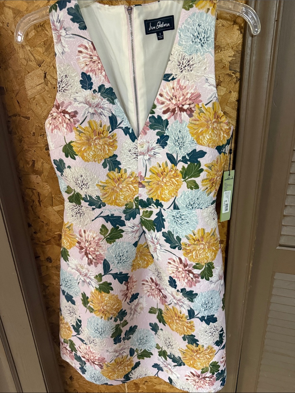 Sam Edelman Floral Brocade V-Neck Sleeveless Dress in Pink, Yellow, Green
